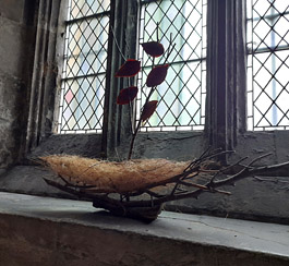 Vessel in the crypt. Branch, tumbled beach grass, cherry leaves (photo Sam Honey)